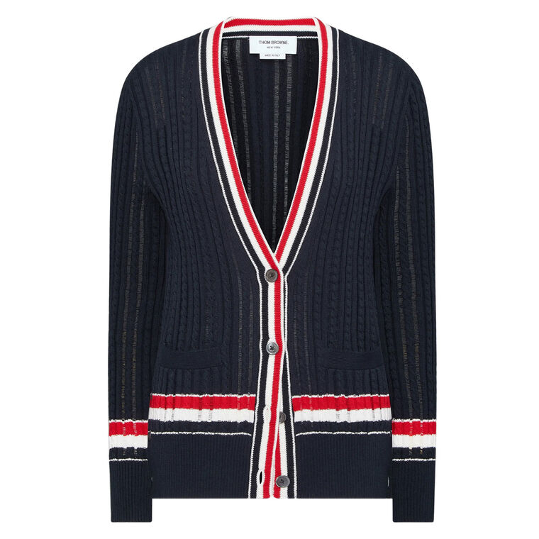 Striped Baby Ladder Cable V-Neck Elongated Cardigan image number null