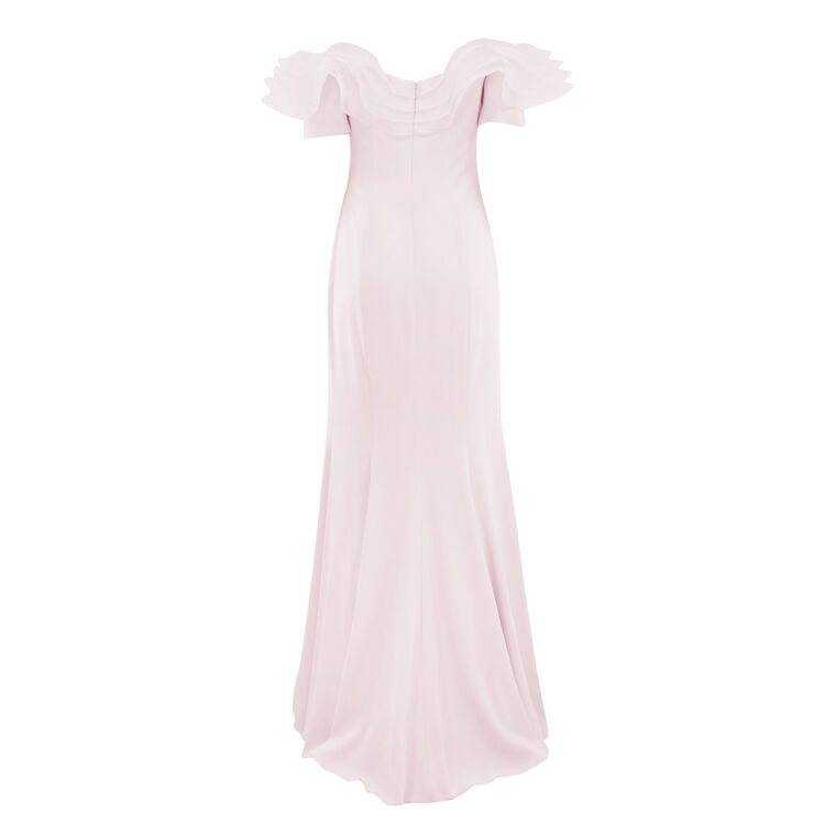 Crepe Gown With Off-The-Shoulder Ruffle Sleeves image number null