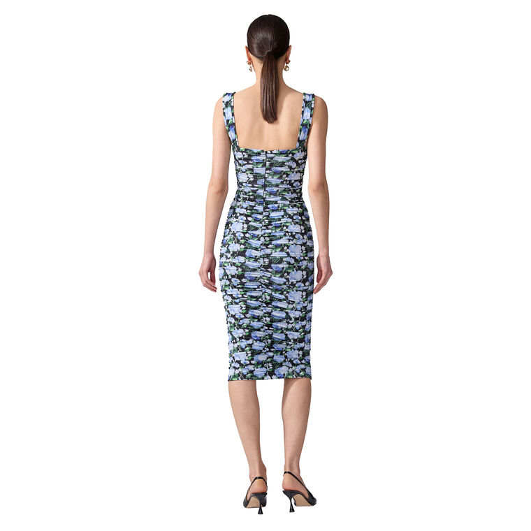 Thick Strap Ruched Peony-Print Midi Dress image number null