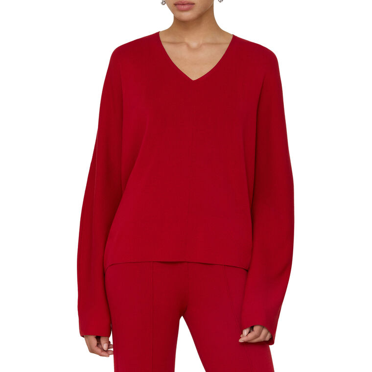 Matte Crepe Ribbed V-Neck Pullover Sweater image number null