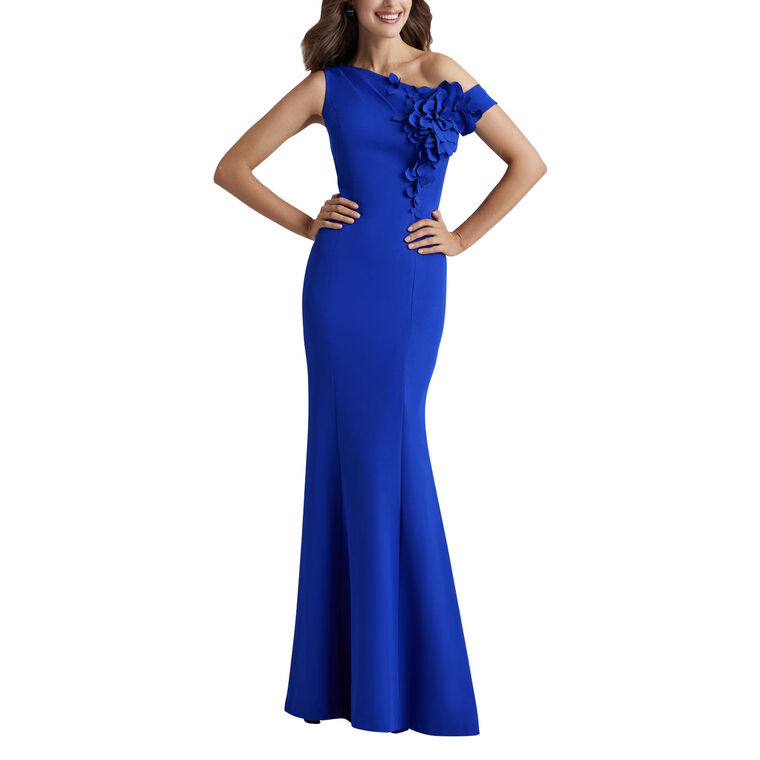 Stretch Crepe One-Shoulder 3D Flower Trim Gown image number null