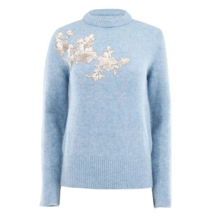 Alpaca Knit Fitted Crew Neck Sweater With Embellishment