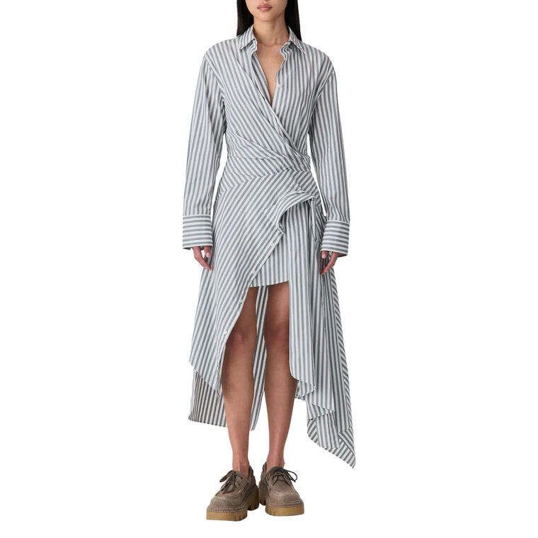 Long Sleeve Striped Cascade Midi Shirt Dress image number null