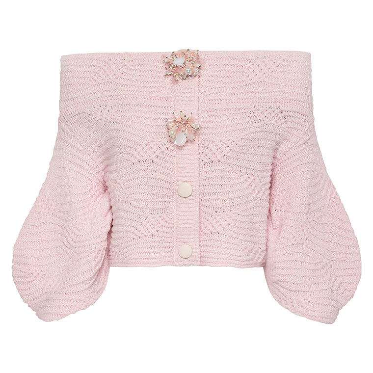 Lenon Off Shoulder Sweater With Embroidered Jewel Buttons image number null