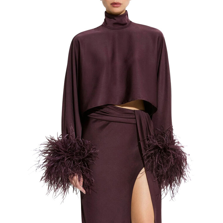 Lightweight Satin Caftan Top With Feathers image number null