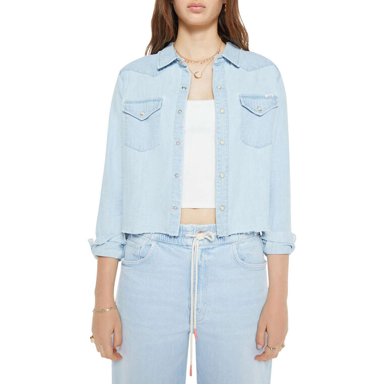 The Super Ex's Crop Step Fray Denim Button-Up image number null