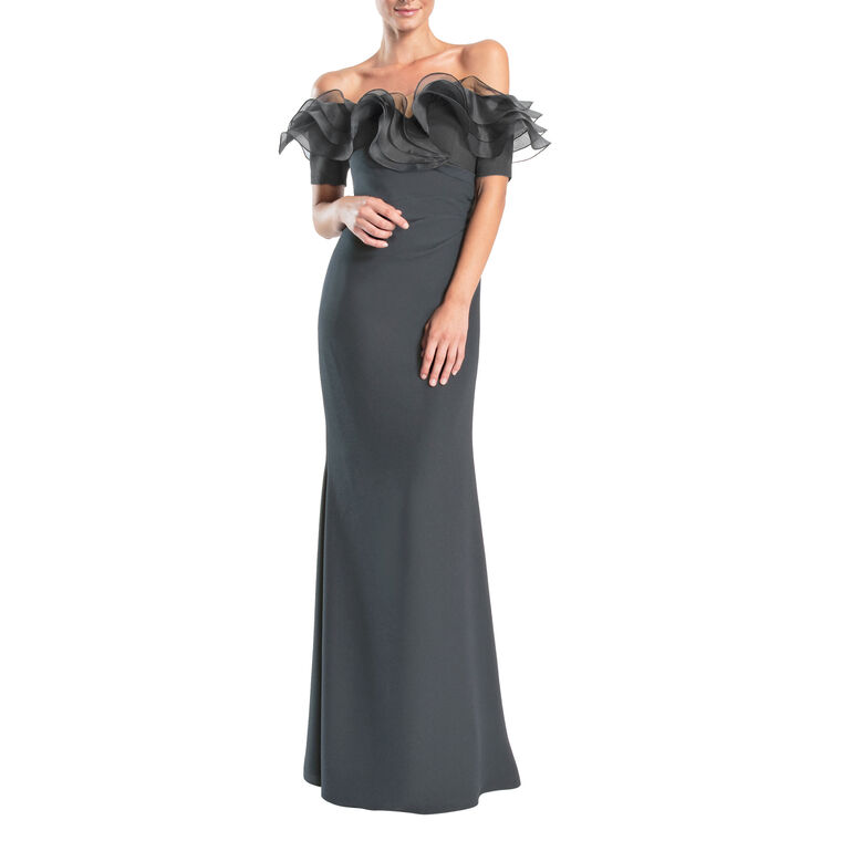 Ruffled Off Shoulder Crepe Gown image number null