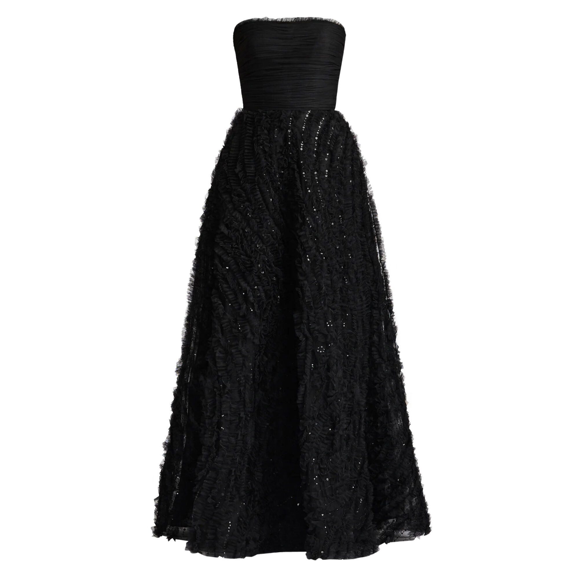 Pleated Top Gown With Ruffle Applique Skirt