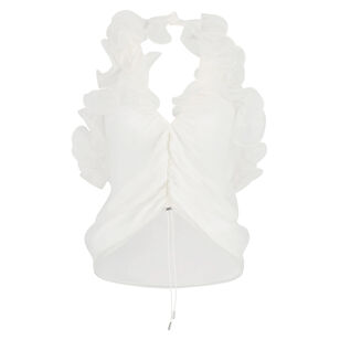Organza Ruched Halter Top With Ruffle Detail