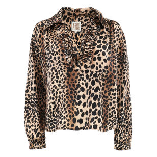 Celine Printed Long Sleeve Silk Ruffle Shirt