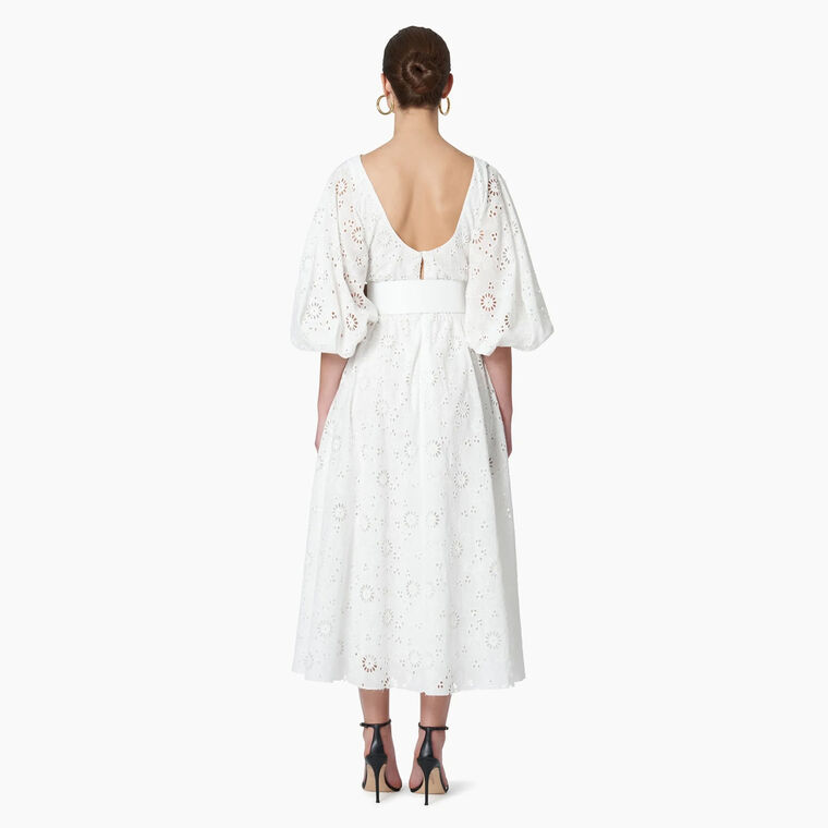 Shirred Puff Sleeve Eyelet Midi Dress image number null