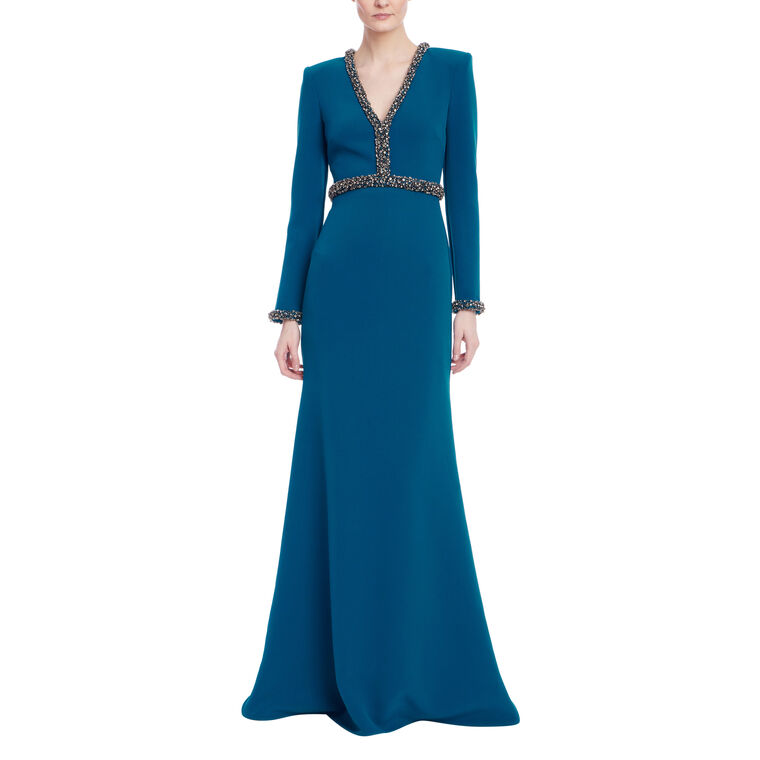 Long Sleeve Beaded Trim Gown image number null