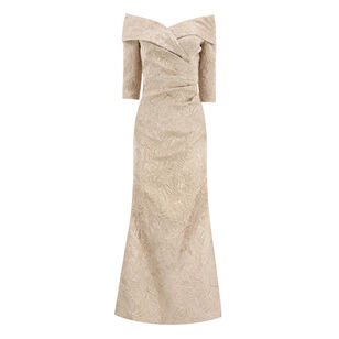 Metallic Jacquard Portrait Collar Elbow Sleeve Gown