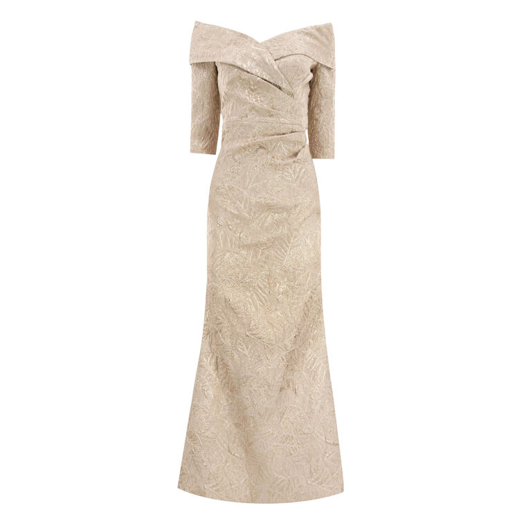 Metallic Jacquard Portrait Collar Elbow Sleeve Gown image number null