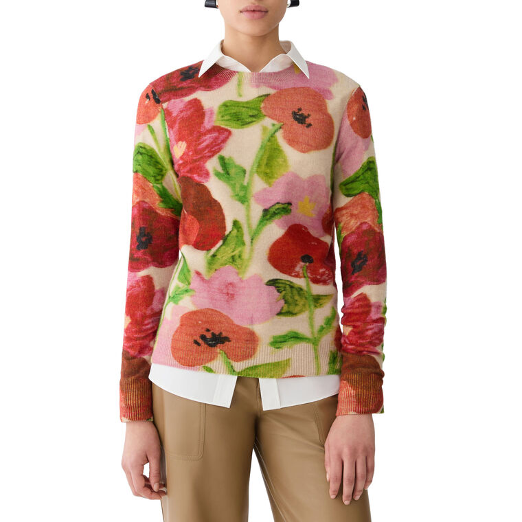 Long Sleeve Printed Blossom Crewneck Cashmere Sweater image number null