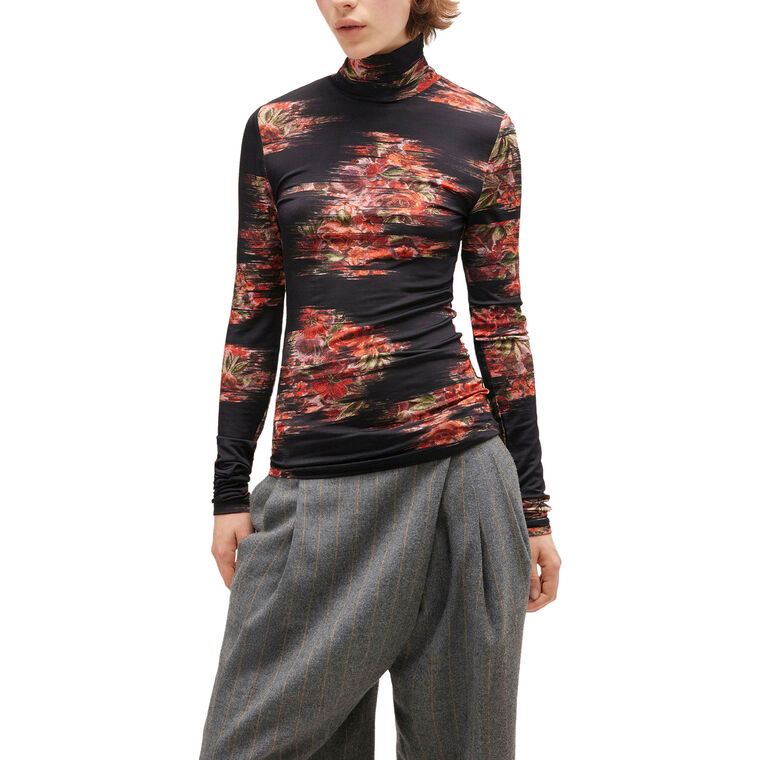 Printed Shiny Jersey Long Sleeve Turtleneck Top image number null