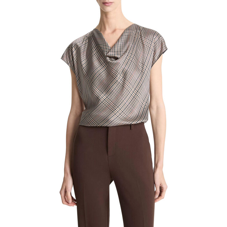 Pressed Plaid Cowl Neck Cap Sleeve Silk Blouse image number null