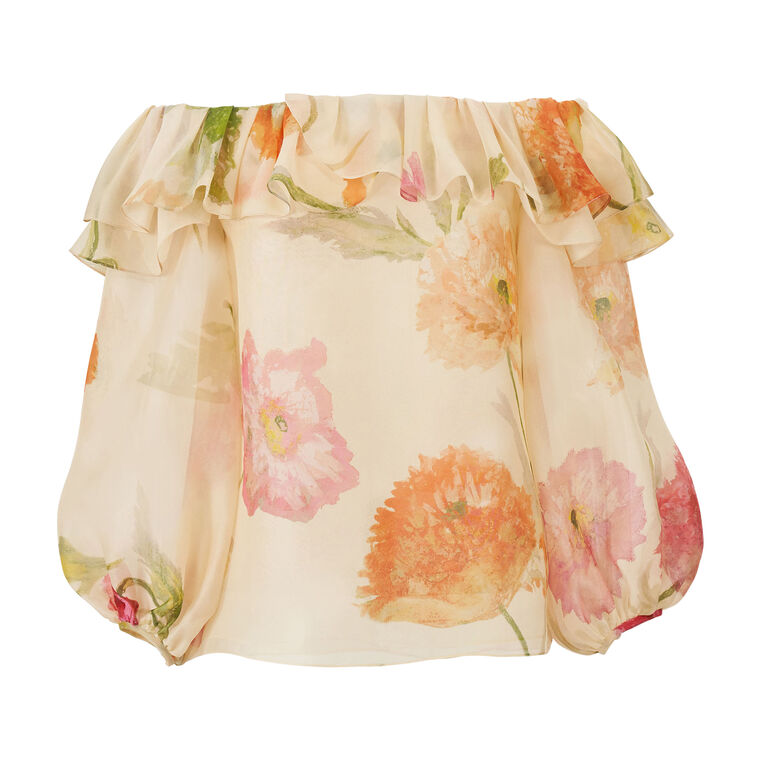 Off Shoulder Puff Sleeve Poppy Print Top image number null