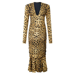Jaguar Print Lycra Jersey Long Sleeve Midi Dress