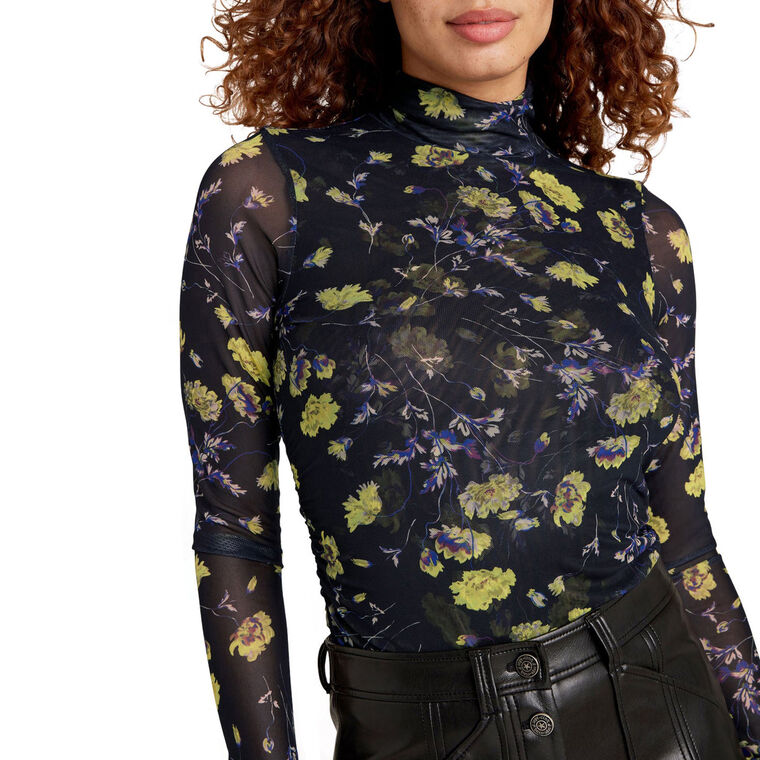 Falling Poppies Shirred Mesh Turtleneck Top image number null