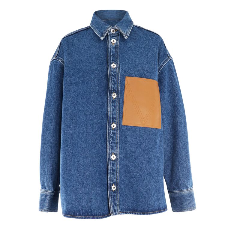 Long Sleeve Denim Shirt With Leather Pocket image number null