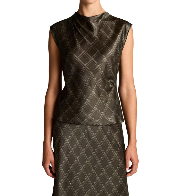 Diamond Plaid Silk Draped Cowl-Neck Top image number null