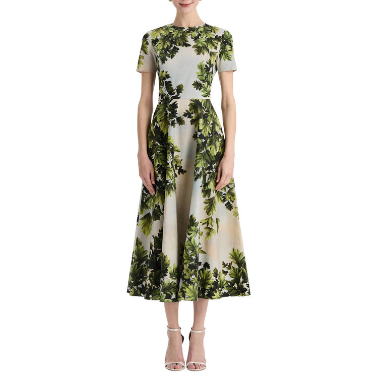 Short Sleeve Maple Leaves Cotton Poplin Midi Day Dress image number null