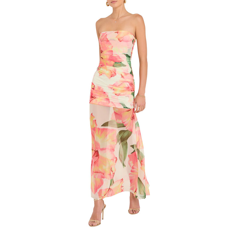 Leo Strapless Ruched Mesh Maxi Dress image number null
