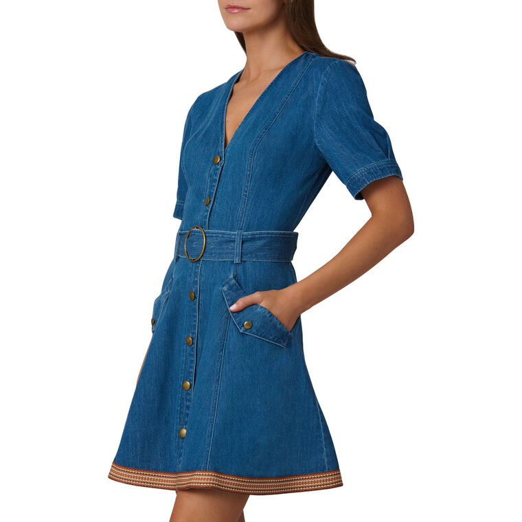 Payton Short Sleeve Belted Denim Mini Dress image number null
