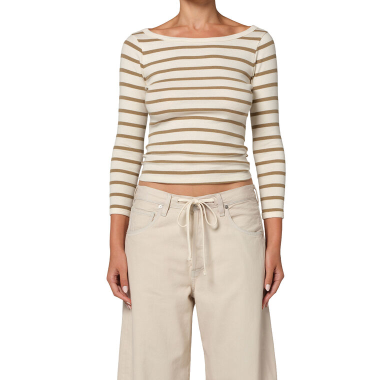 Long Sleeve Boat Neck Stripe Slim Ribbed Tee image number null