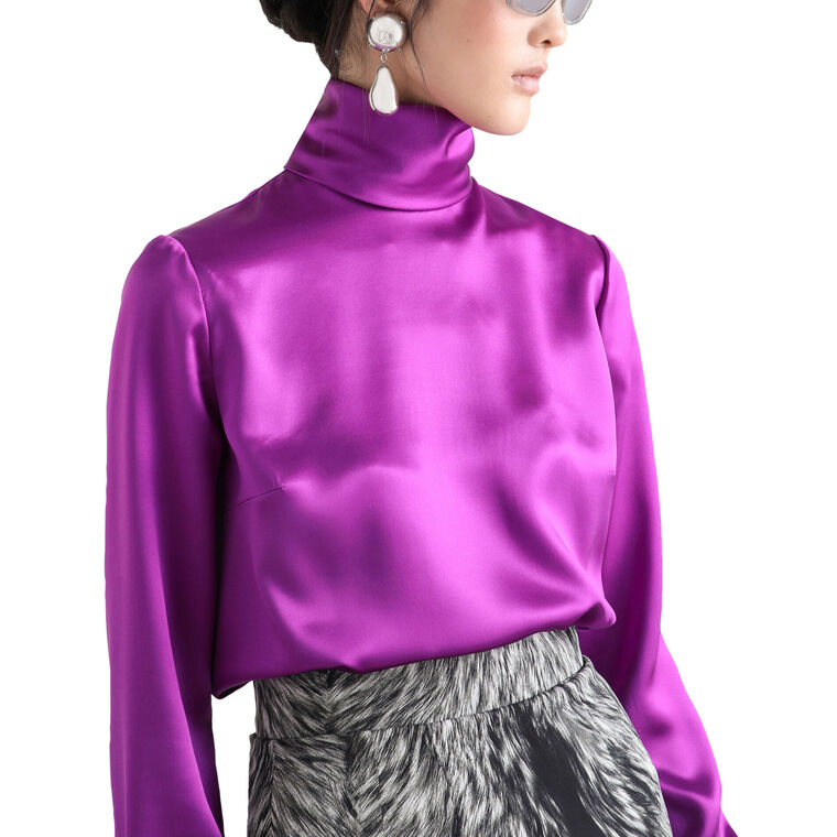 Silk Satin High Neck Long Sleeve Blouse image number null