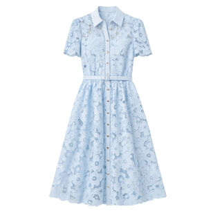 Short Sleeve Collared Belted Lace Midi Dress