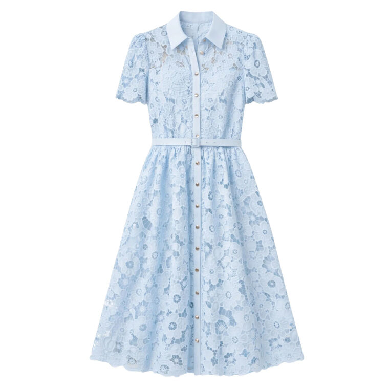 Short Sleeve Collared Belted Lace Midi Dress image number null