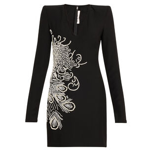 Pearl Embellished Long Sleeve V-Neck Mini Dress