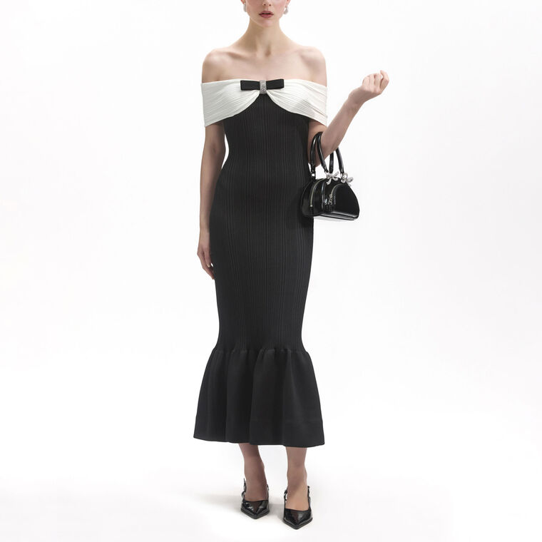 Black Knit Bow Midi Dress image number null
