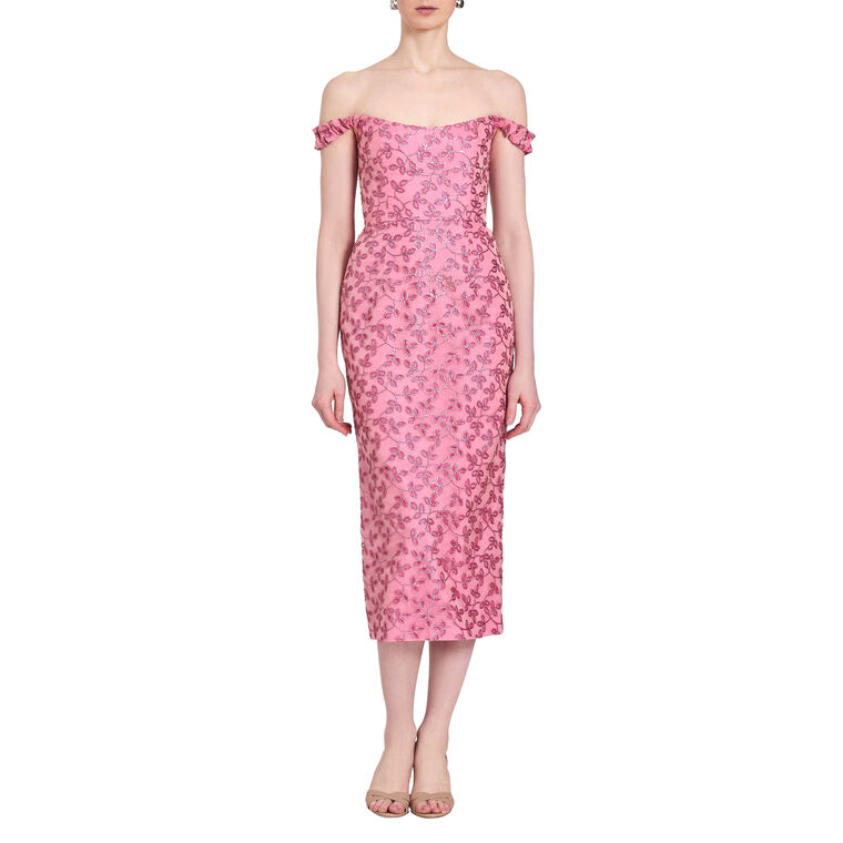 Amina Floral Sequin Off The Shoulder Midi Dress image number null