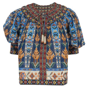 Embroidered Tapestry Puff Sleeve Tassel Blouse
