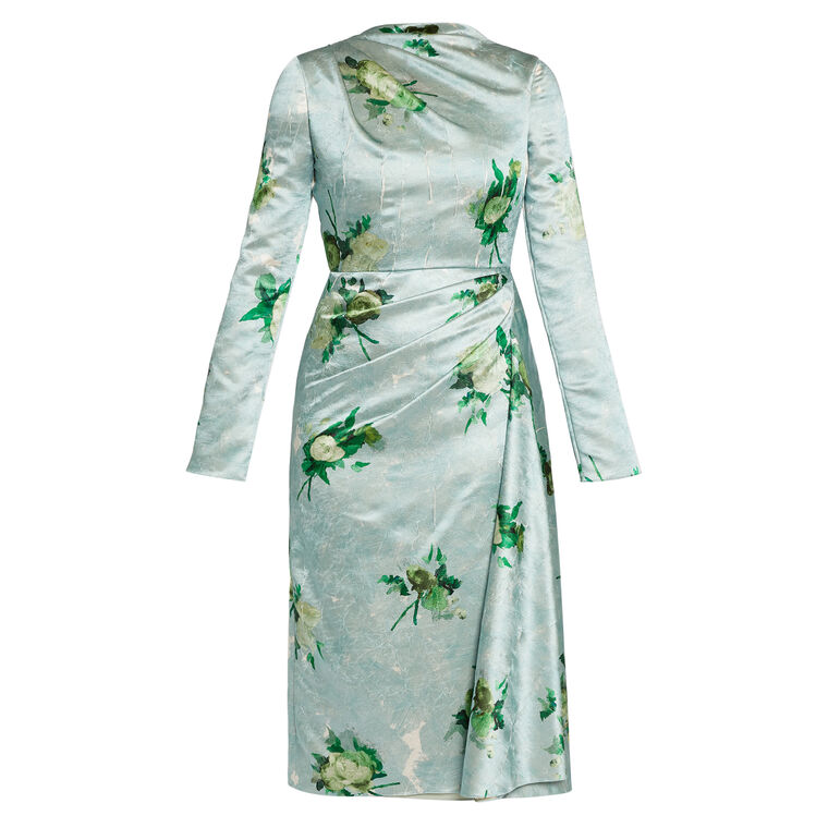 Long Sleeve Crushed Satin Draped Midi Dress image number null