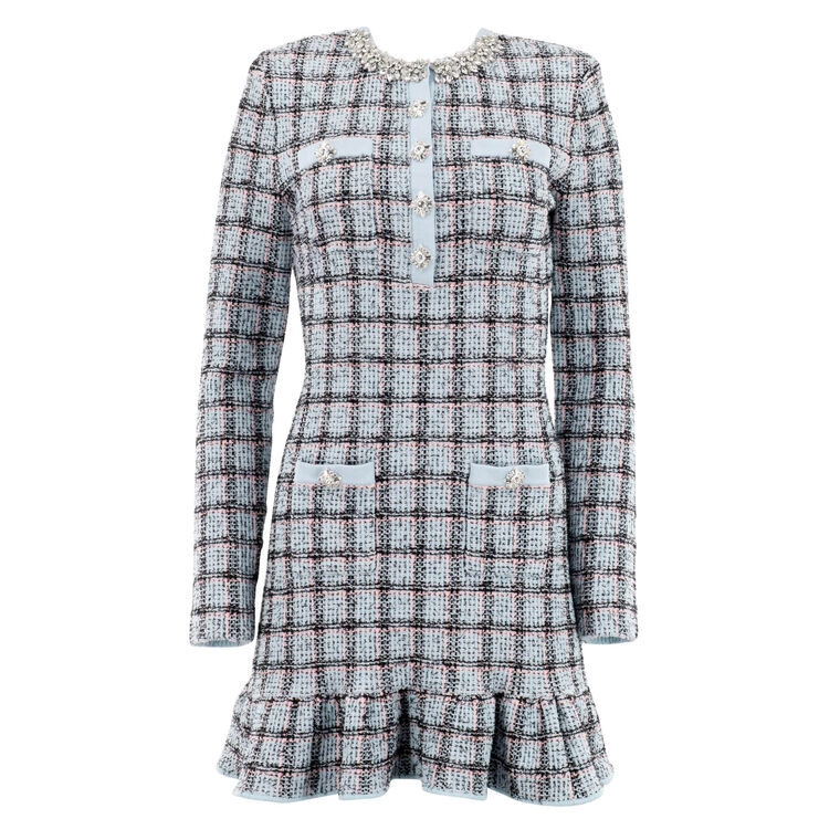 Long Sleeve Check Knit Mini Dress image number null
