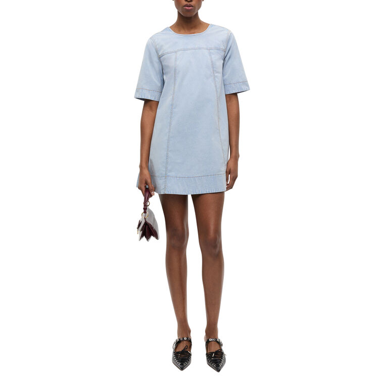 Washed Denim Stretch Cotton Short Sleeve Mini Dress image number null