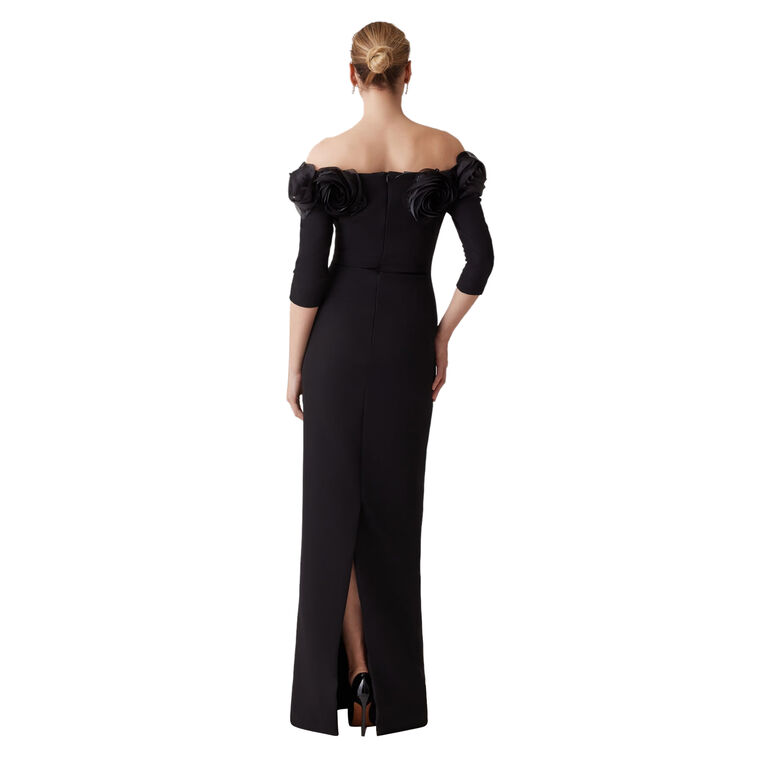 Crepe 3D Flower Off The Shoulder Gown image number null