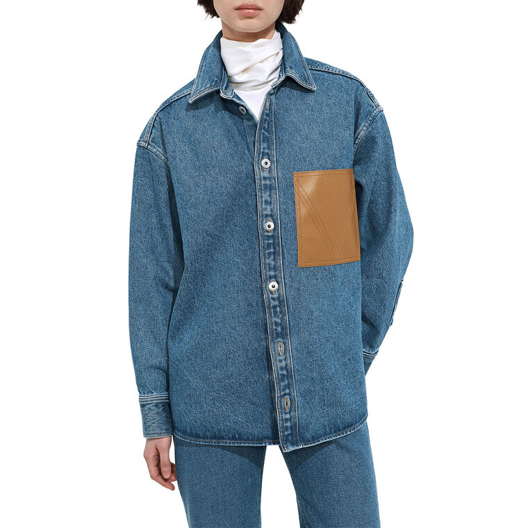 Long Sleeve Denim Shirt With Leather Pocket image number null