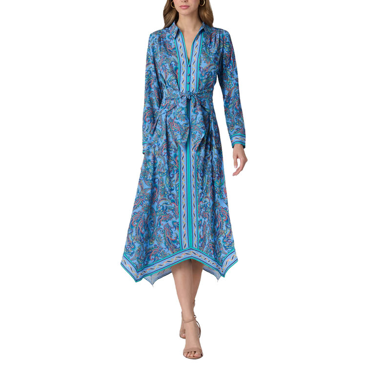 Adair Long Sleeve Tie-Waist Handkerchief Hem Midi Dress image number null