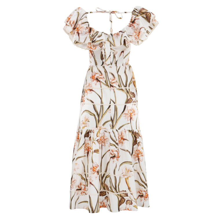 Botanic Retro Flutter Floral Chiffon Midi Dress image number null