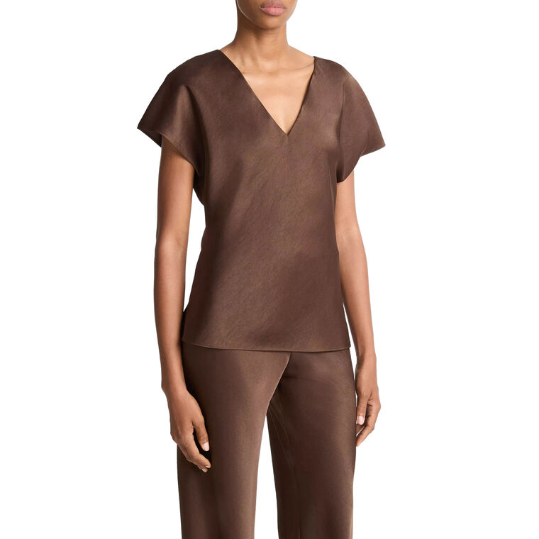 Cap Sleeve Satin V-Neck Blouse image number null