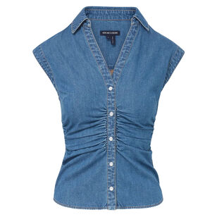Sera Ruched Denim Cap-Sleeve Button-Down Top