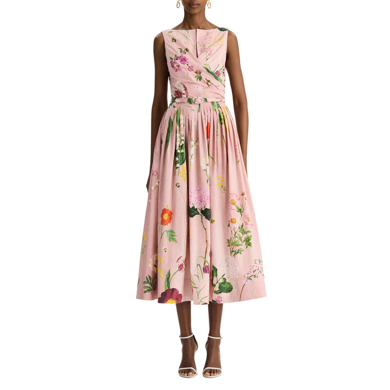 Sleeveless Belted Mixed Botanical Cotton Poplin Draped Midi Dress image number null