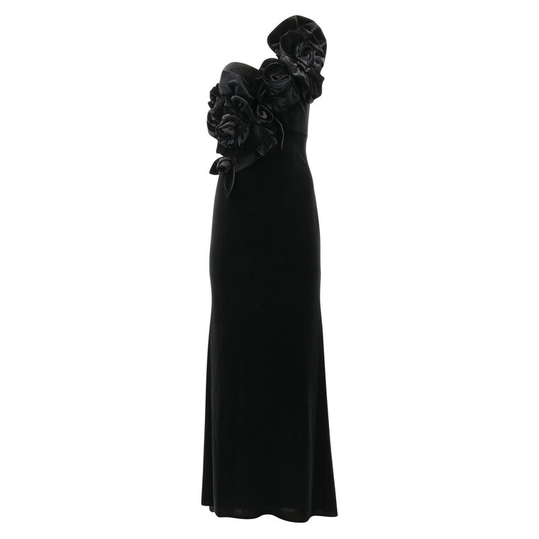 Velvet One Shoulder Rosette Gown image number null