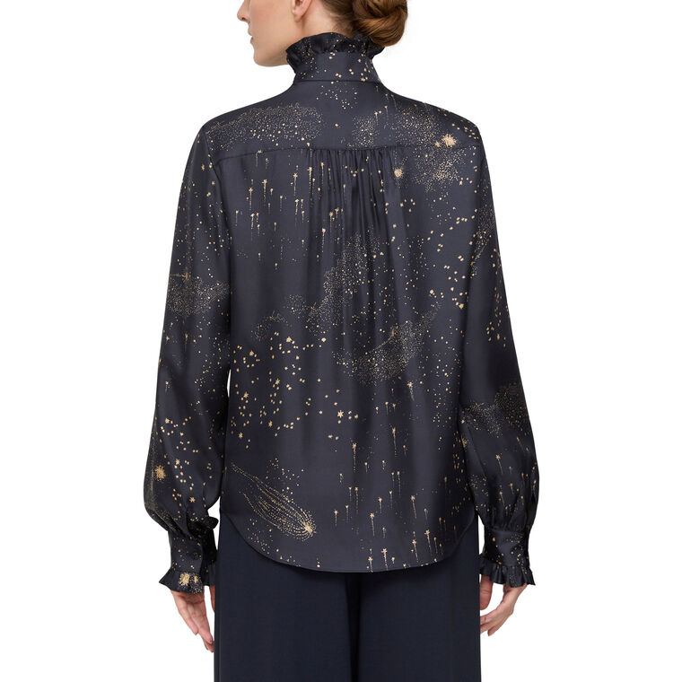 Cosmos Print Long Sleeve Blouse With Ruffle Stand Collar image number null