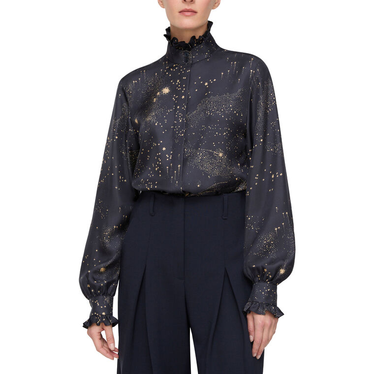 Cosmos Print Long Sleeve Blouse With Ruffle Stand Collar image number null